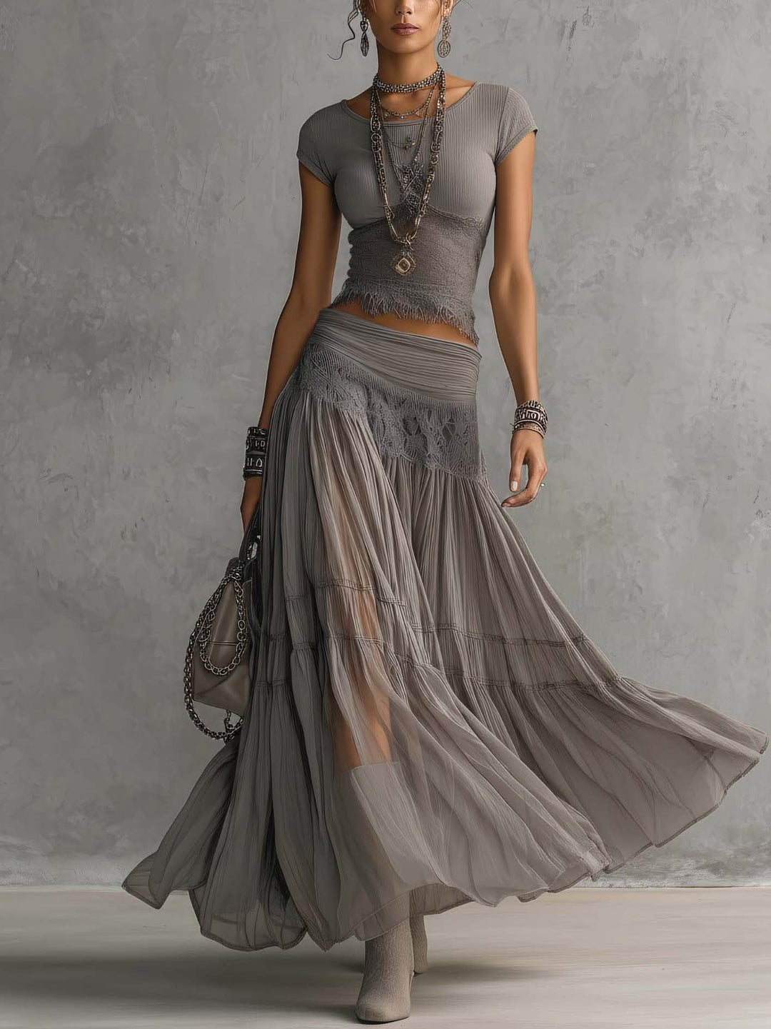 Nimara – Plisado de gasa, conjunto de falda maxi