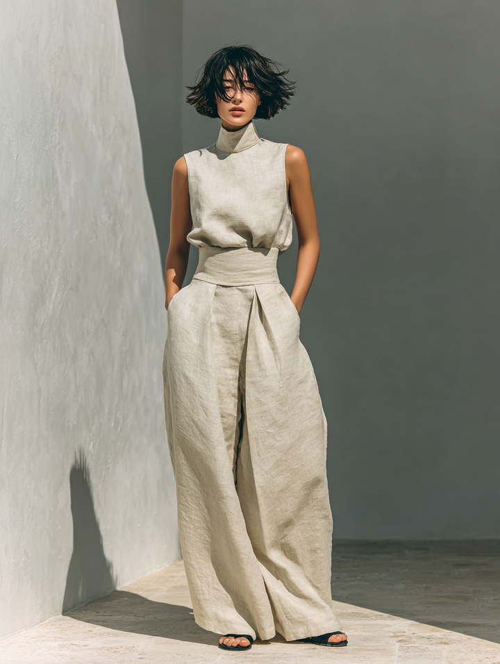 Kevara – Pierna ancha de algodón-lino conjunto de pantalón