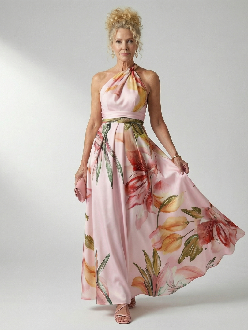 Mevara – Cuello halter en estampado floral, vestido maxi