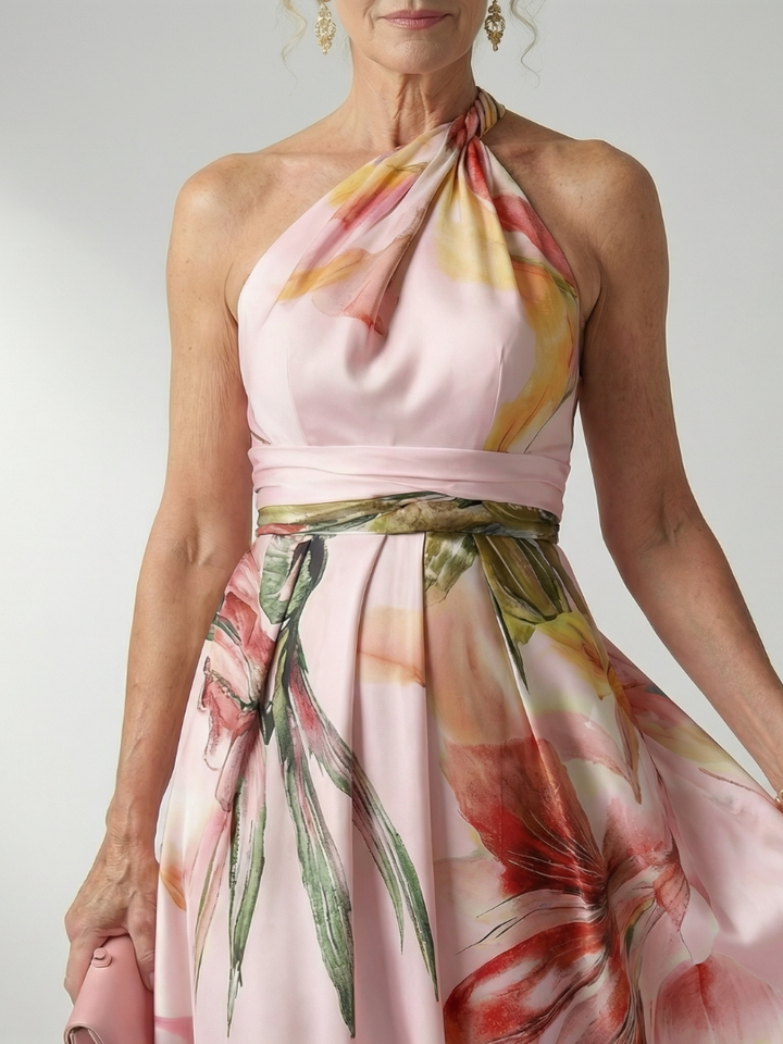 Mevara – Cuello halter en estampado floral, vestido maxi