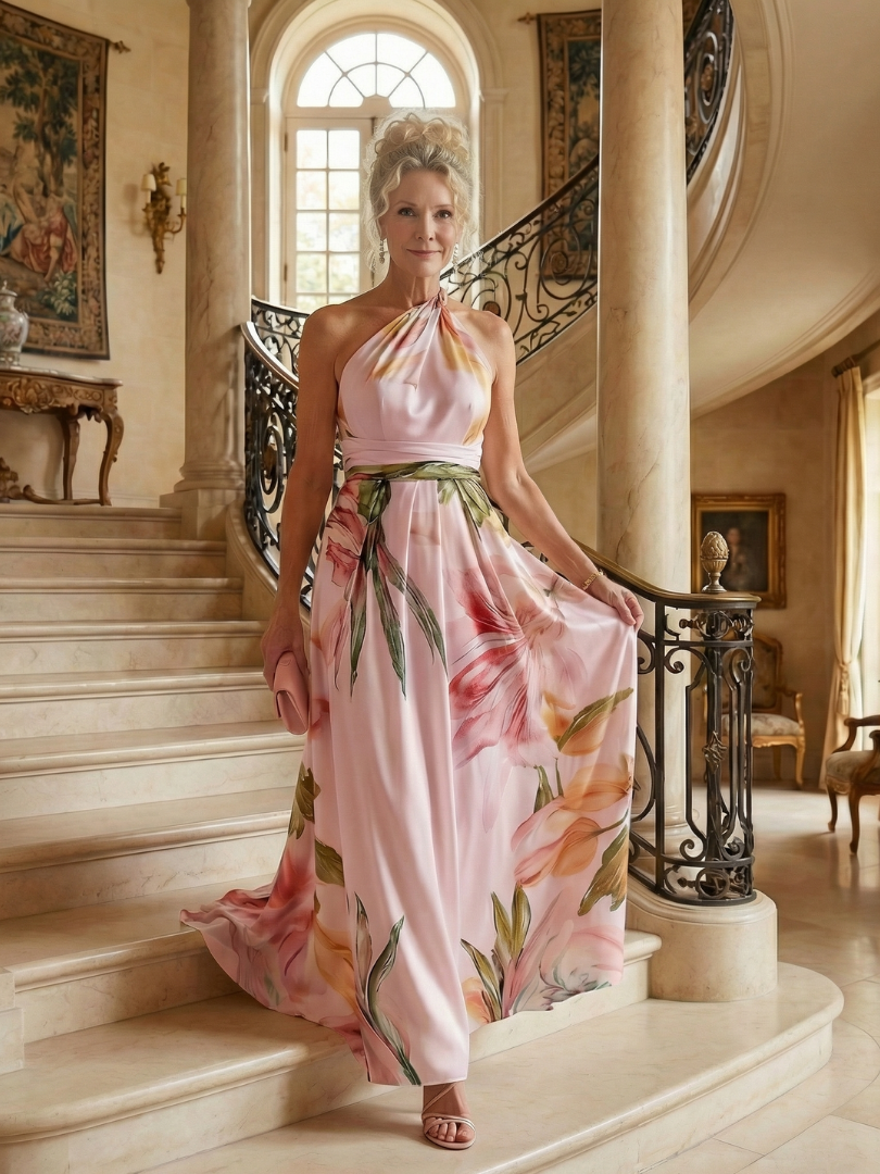 Mevara – Cuello halter en estampado floral, vestido maxi
