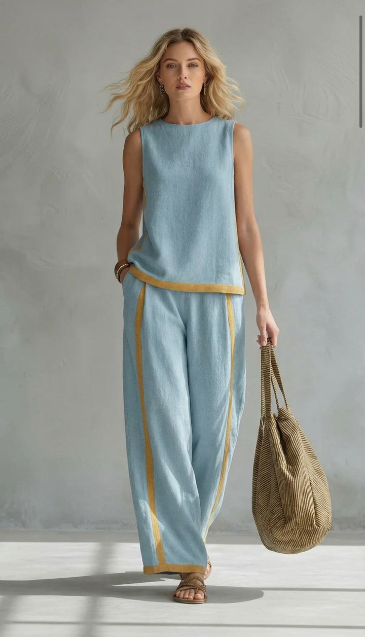 Arenia – Ribete en contraste en lino y algodón, conjunto de chaleco y pantalones