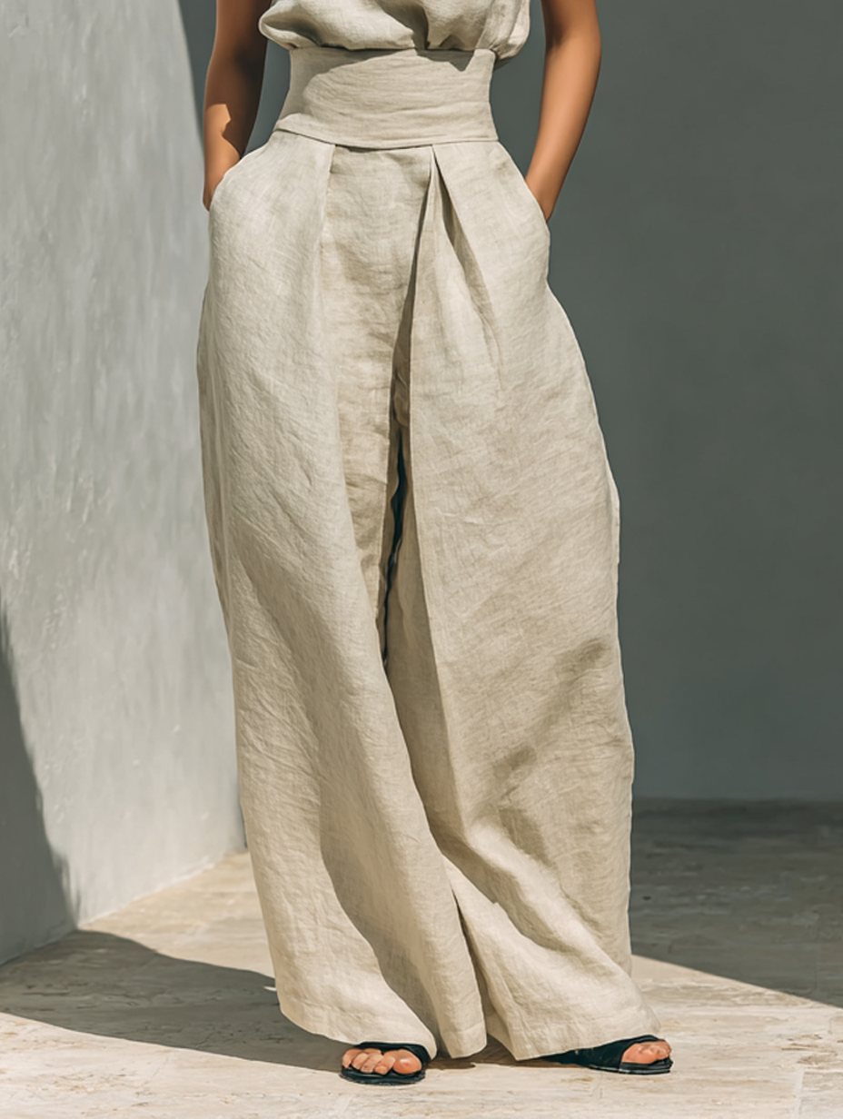 Kevara – Pierna ancha de algodón-lino conjunto de pantalón