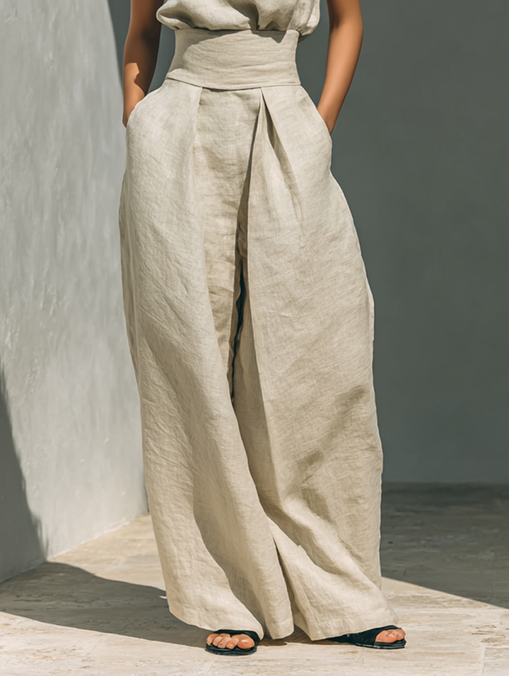 Kevara – Pierna ancha de algodón-lino conjunto de pantalón