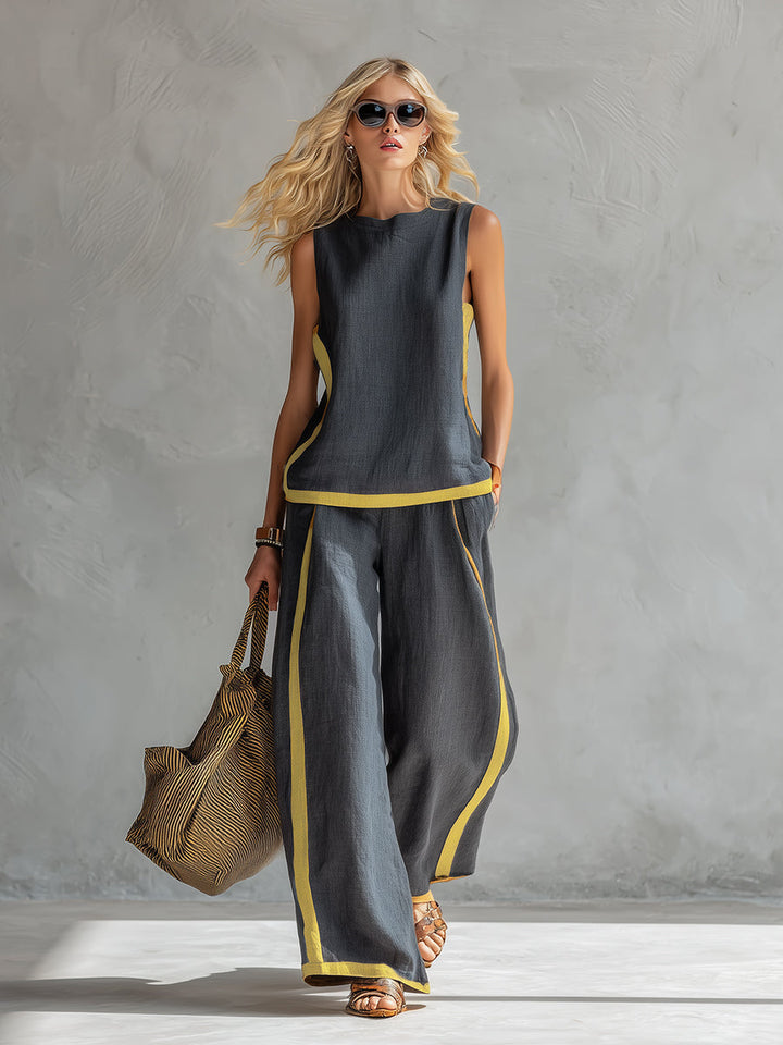 Arenia – Ribete en contraste en lino y algodón, conjunto de chaleco y pantalones