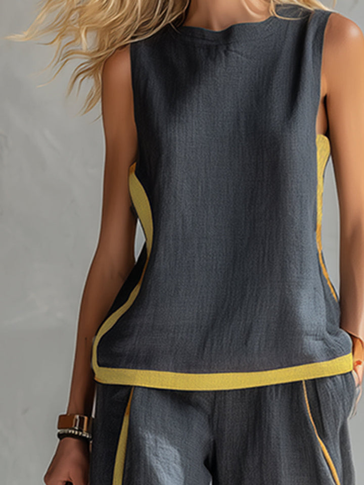 Arenia – Ribete en contraste en lino y algodón, conjunto de chaleco y pantalones
