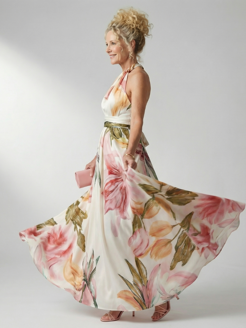 Mevara – Cuello halter en estampado floral, vestido maxi