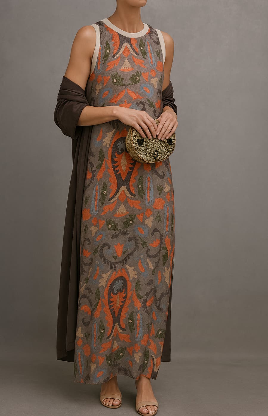 Virela – Conjunto de vestido maxi estampado y chaleco