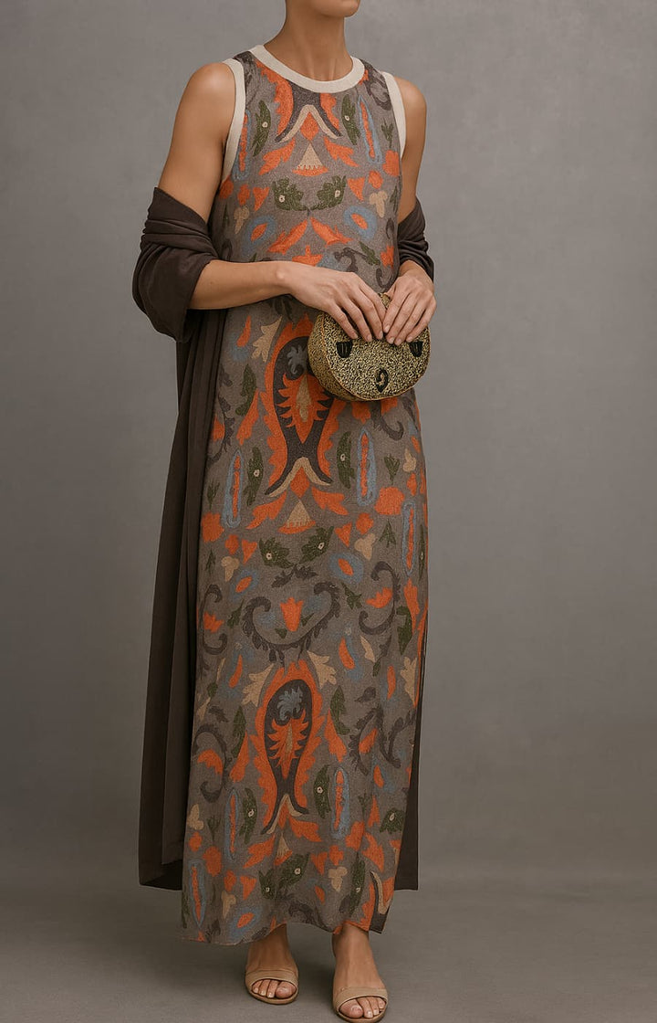 Virela – Conjunto de vestido maxi estampado y chaleco
