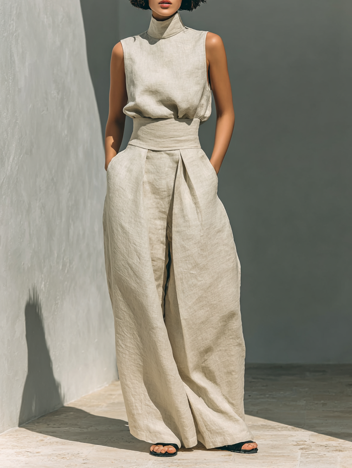 Kevara – Pierna ancha de algodón-lino conjunto de pantalón