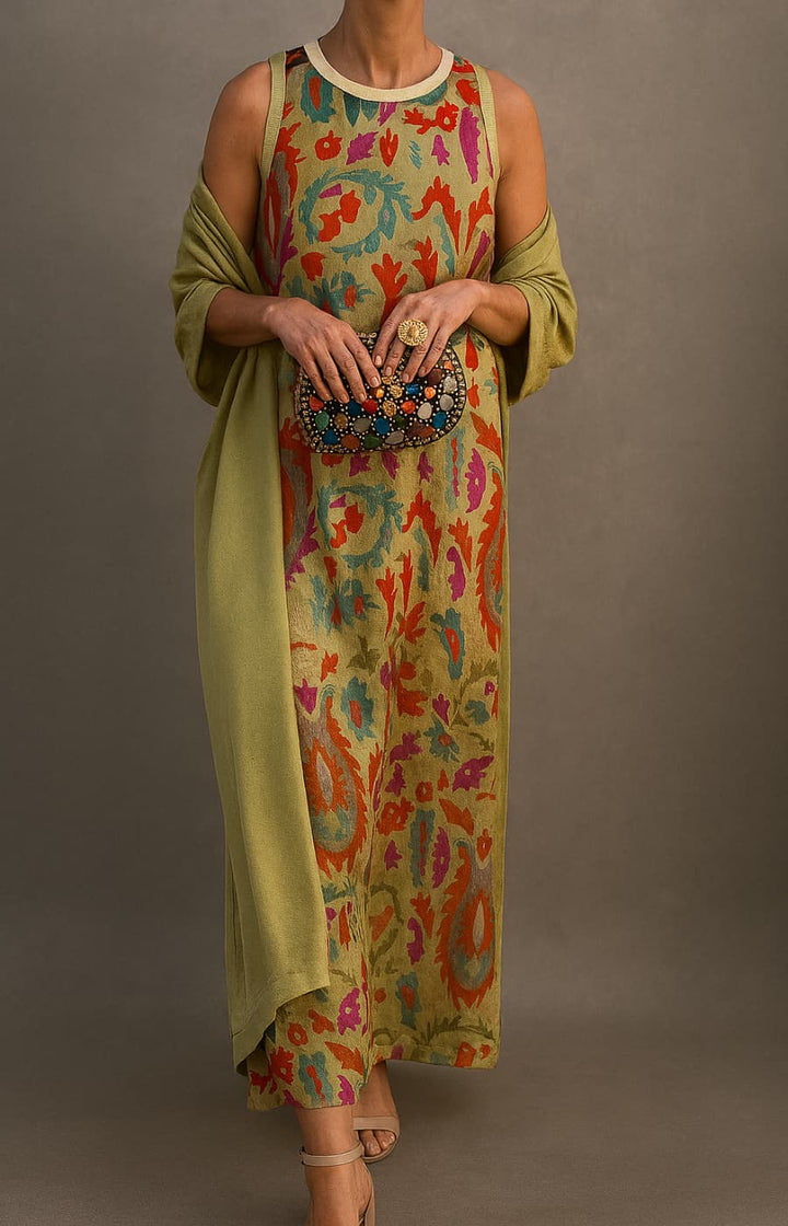 Virela – Conjunto de vestido maxi estampado y chaleco