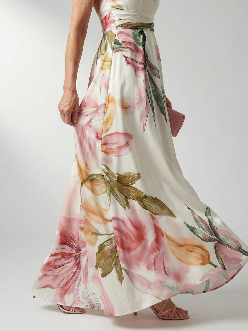 Mevara – Cuello halter en estampado floral, vestido maxi