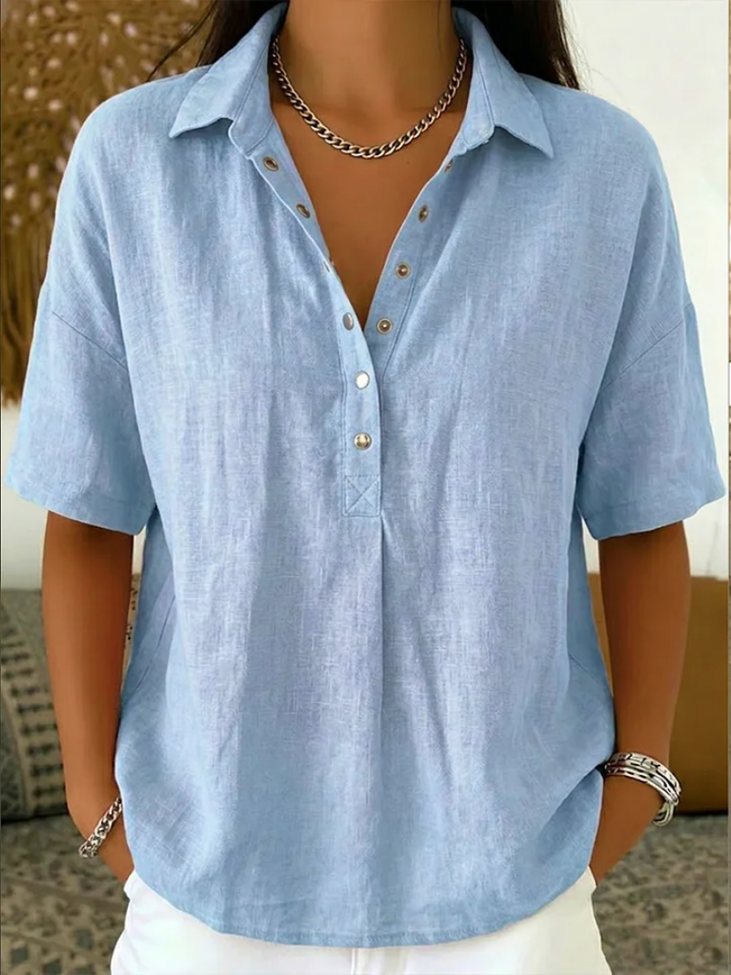 Kelora – Cuello y escote en V de mezcla de algodón, blusa