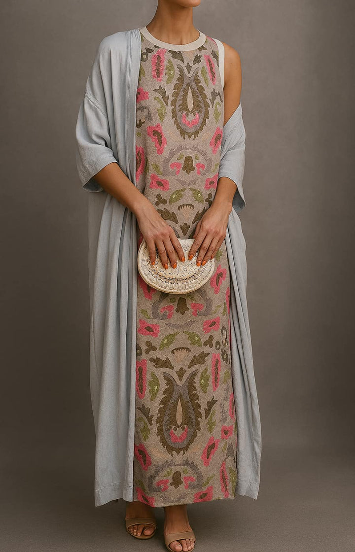 Virela – Conjunto de vestido maxi estampado y chaleco