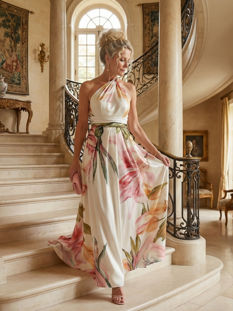 Mevara – Cuello halter en estampado floral, vestido maxi