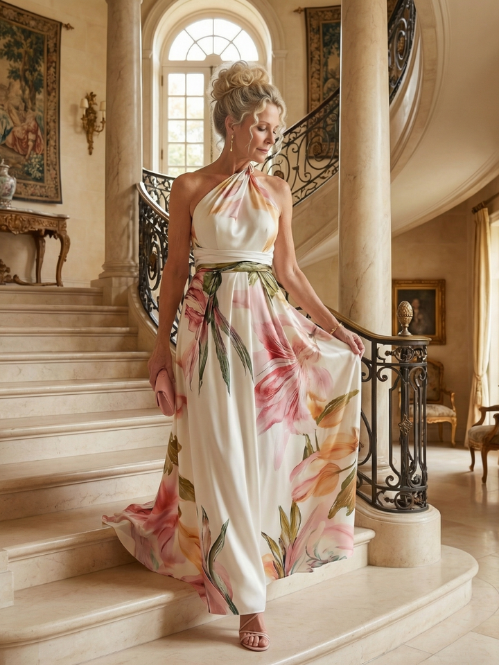 Mevara – Cuello halter en estampado floral, vestido maxi