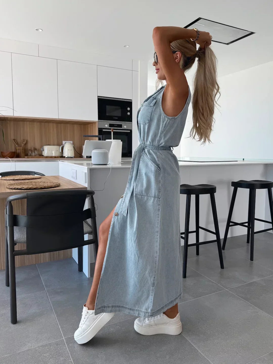 Lysena – con botones al frente de mezclilla, vestido