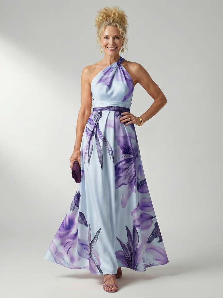 Mevara – Cuello halter en estampado floral, vestido maxi
