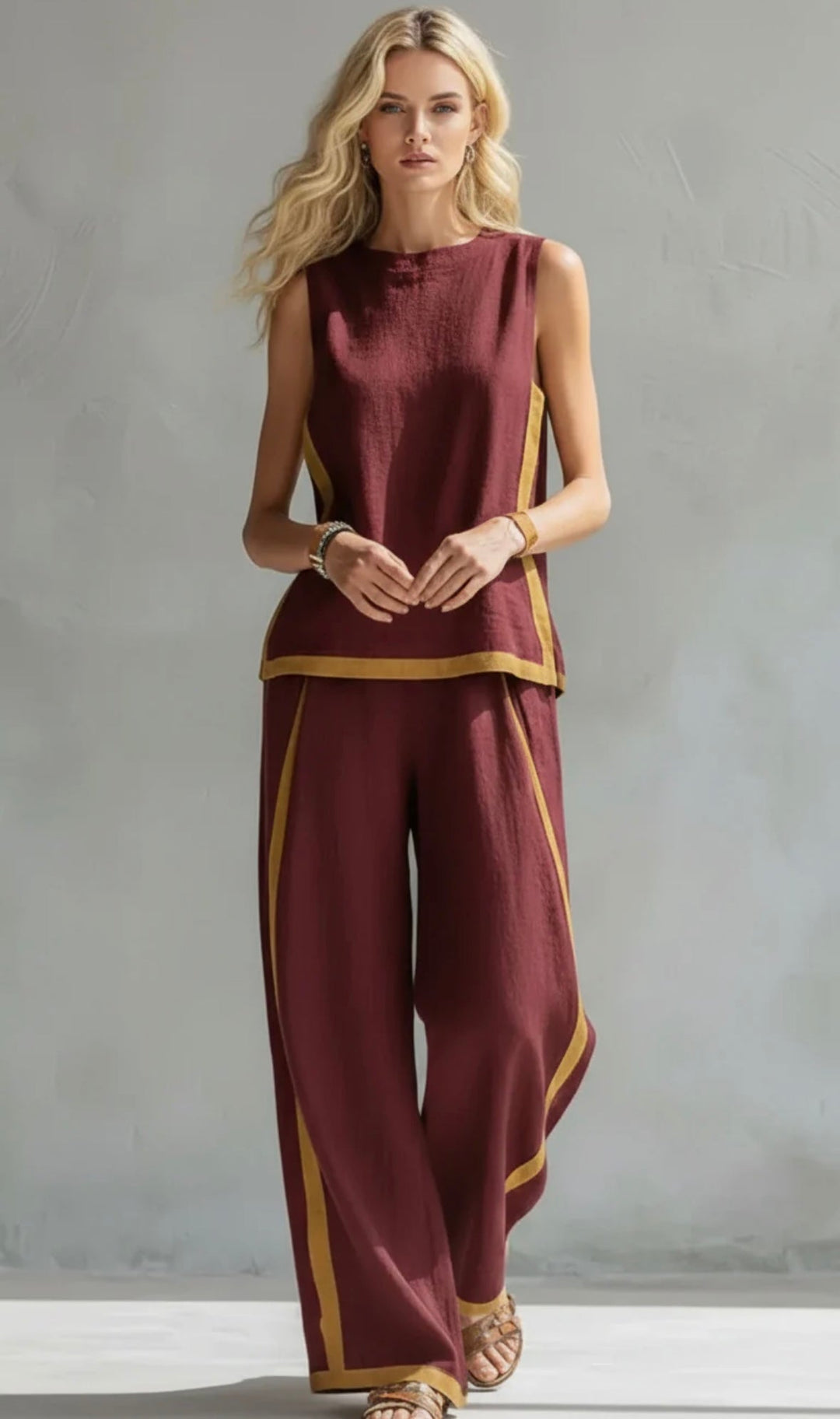 Arenia – Ribete en contraste en lino y algodón, conjunto de chaleco y pantalones