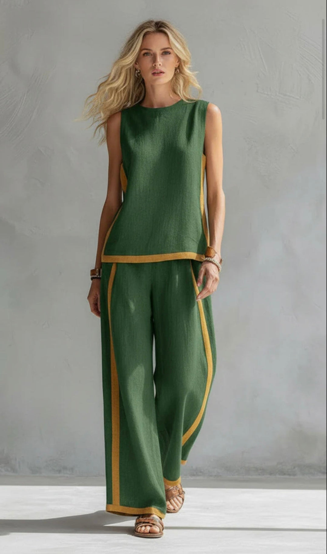 Arenia – Ribete en contraste en lino y algodón, conjunto de chaleco y pantalones