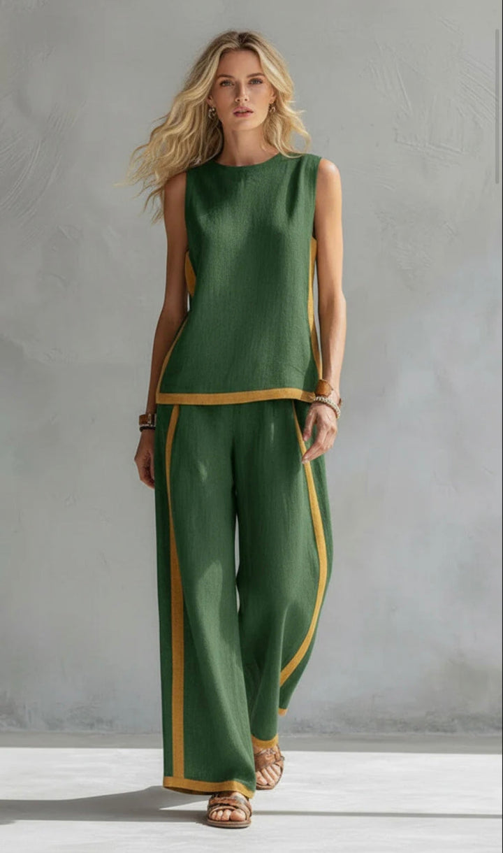 Arenia – Ribete en contraste en lino y algodón, conjunto de chaleco y pantalones