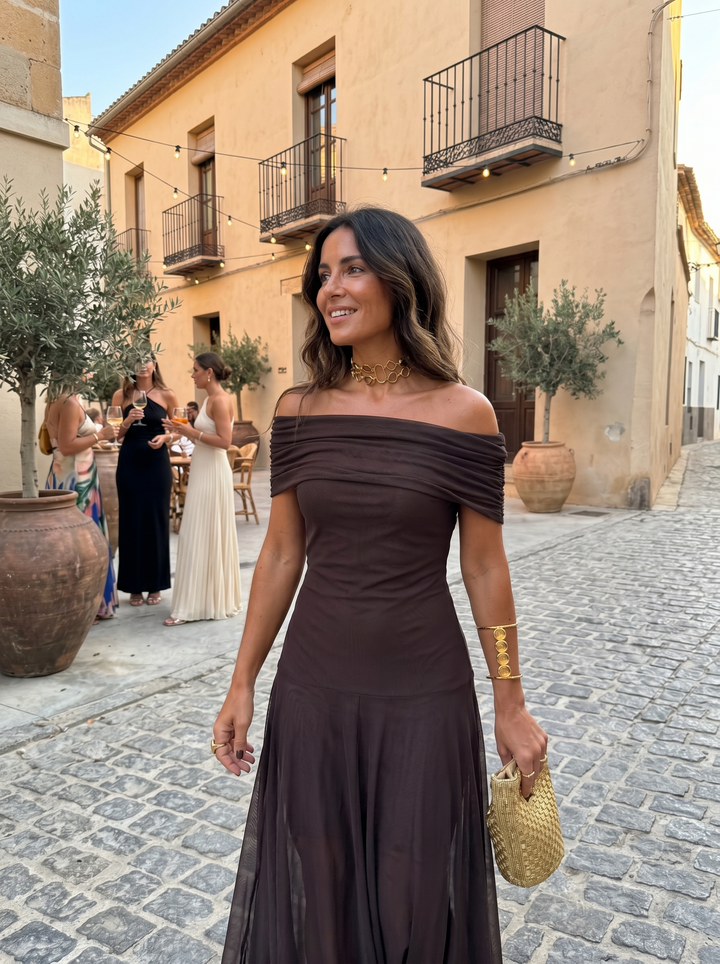 Virela – Con hombros descubiertos de microfibra técnica, vestido maxi