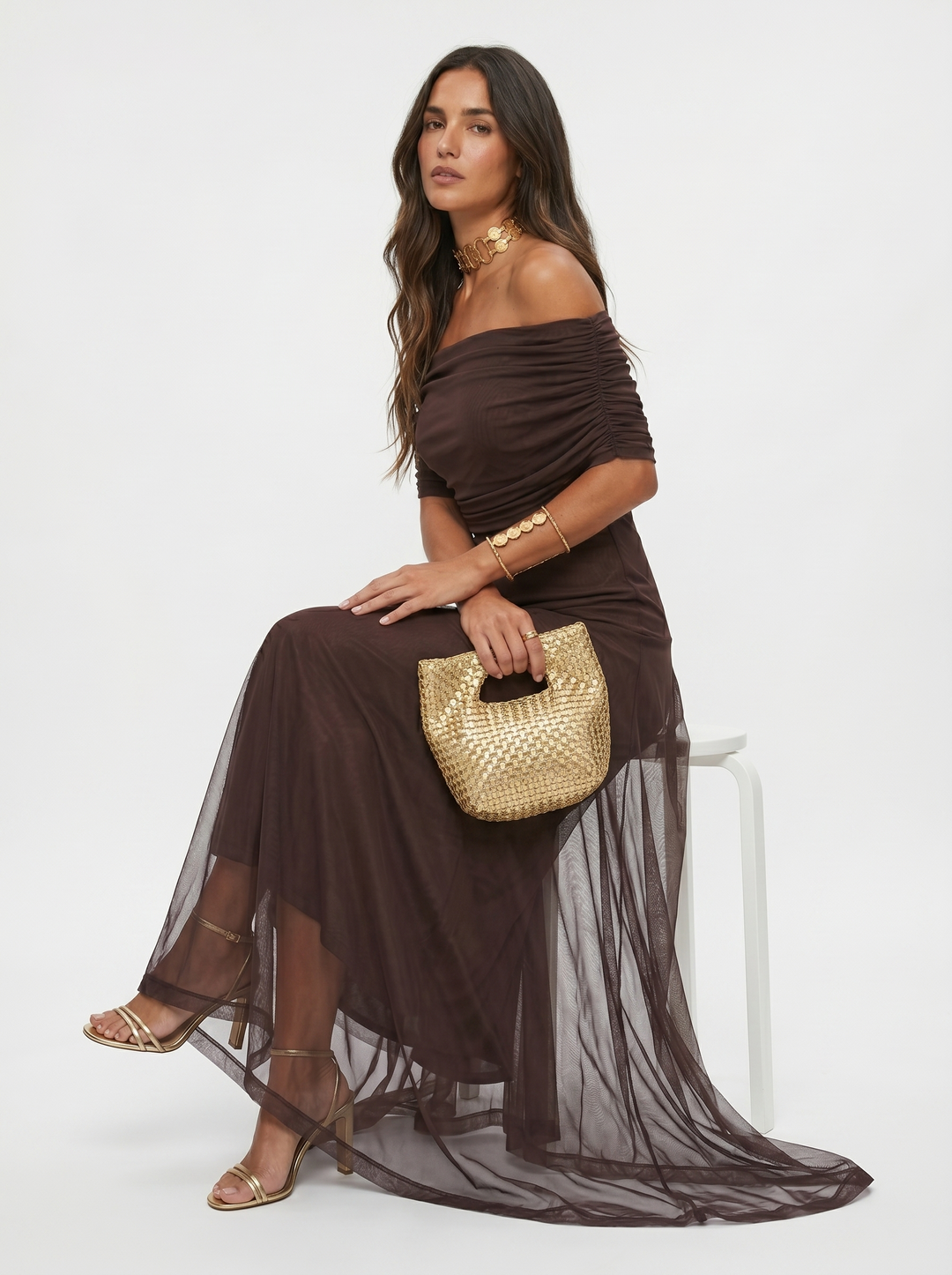 Virela – Con hombros descubiertos de microfibra técnica, vestido maxi