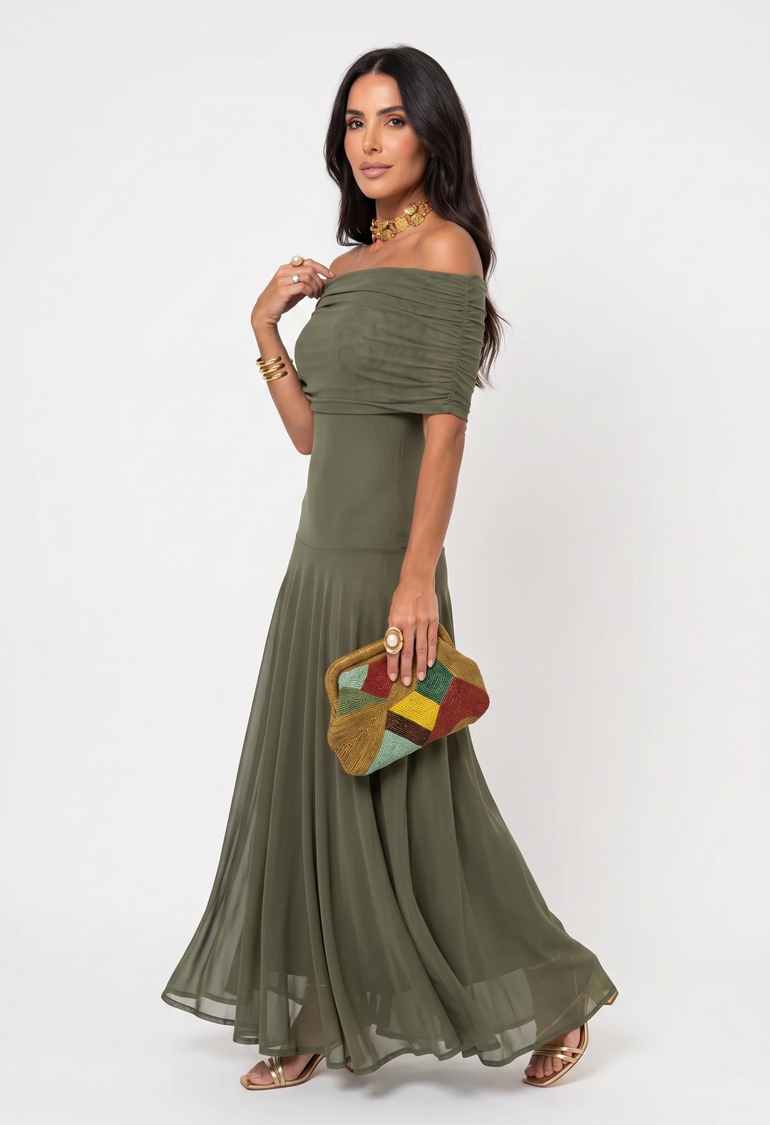Virela – Con hombros descubiertos de microfibra técnica, vestido maxi