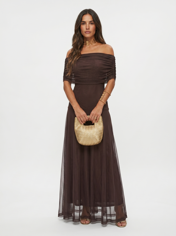 Virela – Con hombros descubiertos de microfibra técnica, vestido maxi
