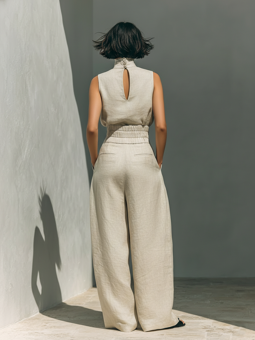 Kevara – Pierna ancha de algodón-lino conjunto de pantalón