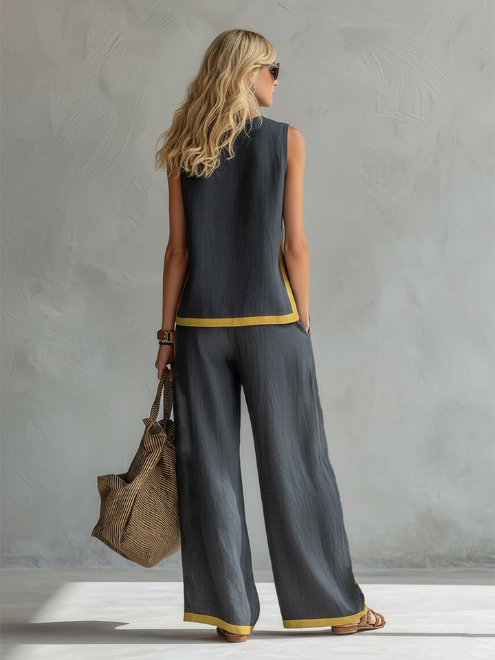 Arenia – Ribete en contraste en lino y algodón, conjunto de chaleco y pantalones