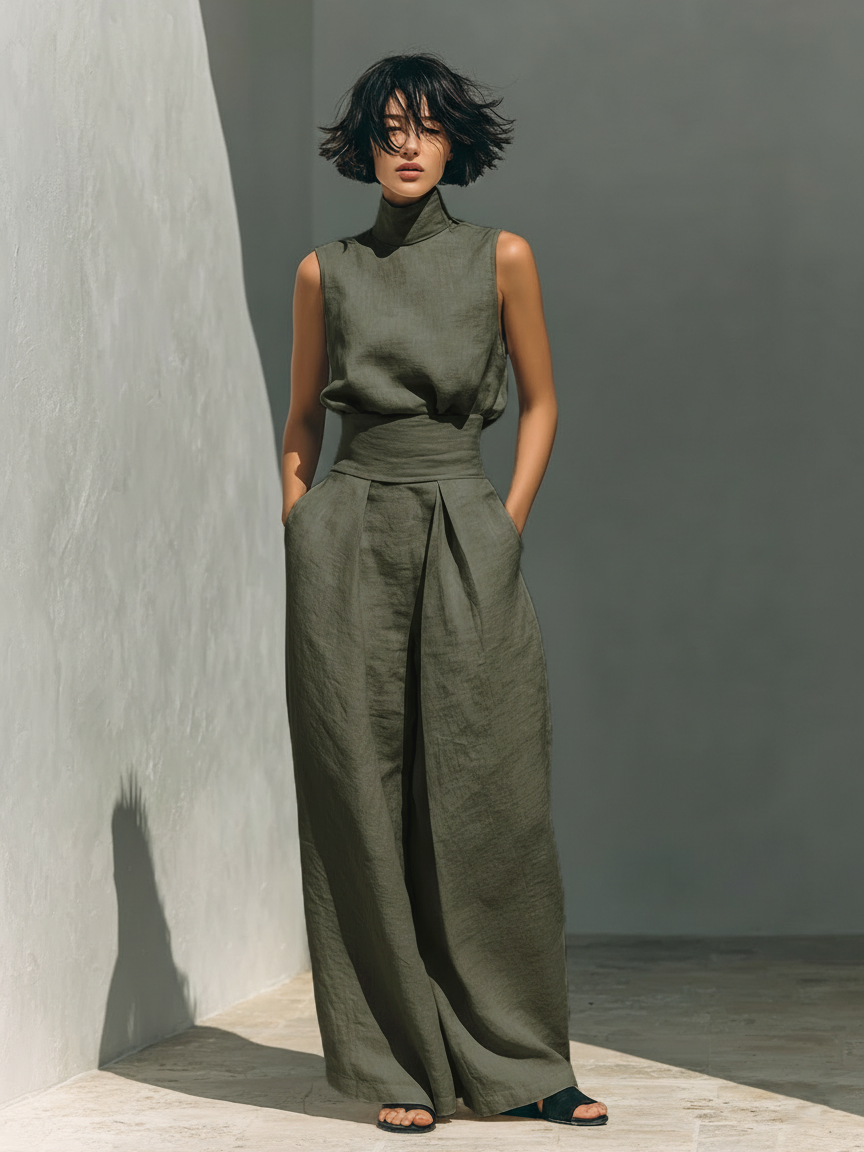 Kevara – Pierna ancha de algodón-lino conjunto de pantalón