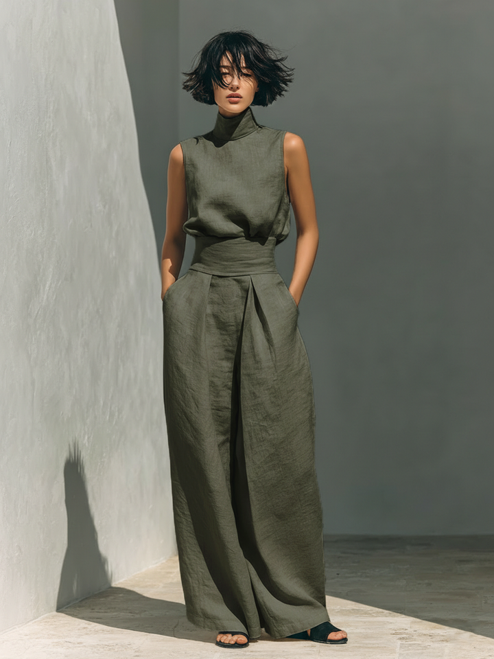 Kevara – Pierna ancha de algodón-lino conjunto de pantalón