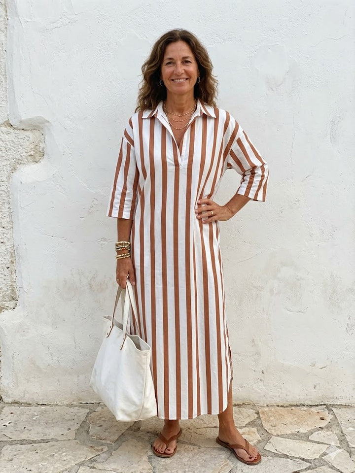 Velira – A rayas verticales, estilo camisero, vestido midi