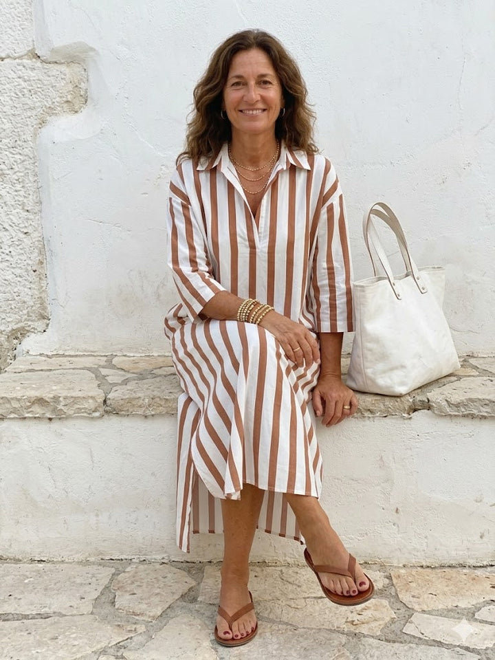 Velira – A rayas verticales, estilo camisero, vestido midi