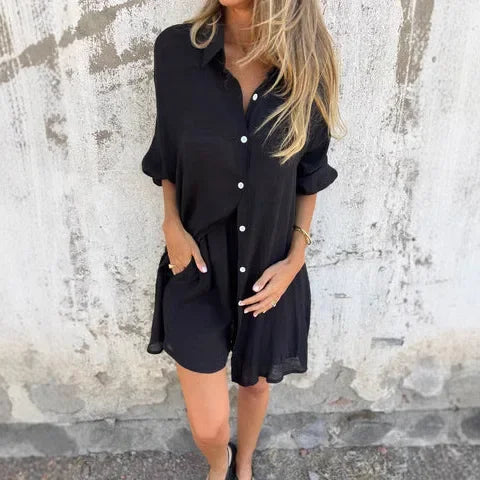 Soreva – Conjunto de blusa de tejido arrugado y pantalones cortos