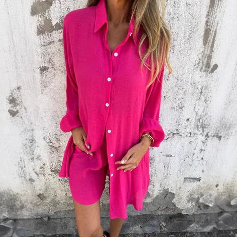 Soreva – Conjunto de blusa de tejido arrugado y pantalones cortos