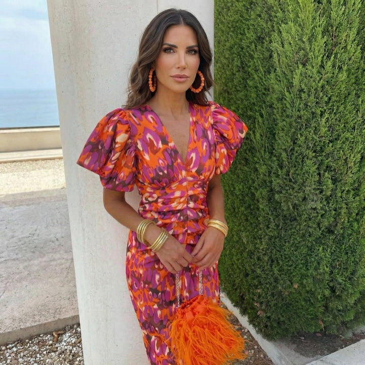 Mireli – Mangas abullonadas, tela estampada, vestido de verano