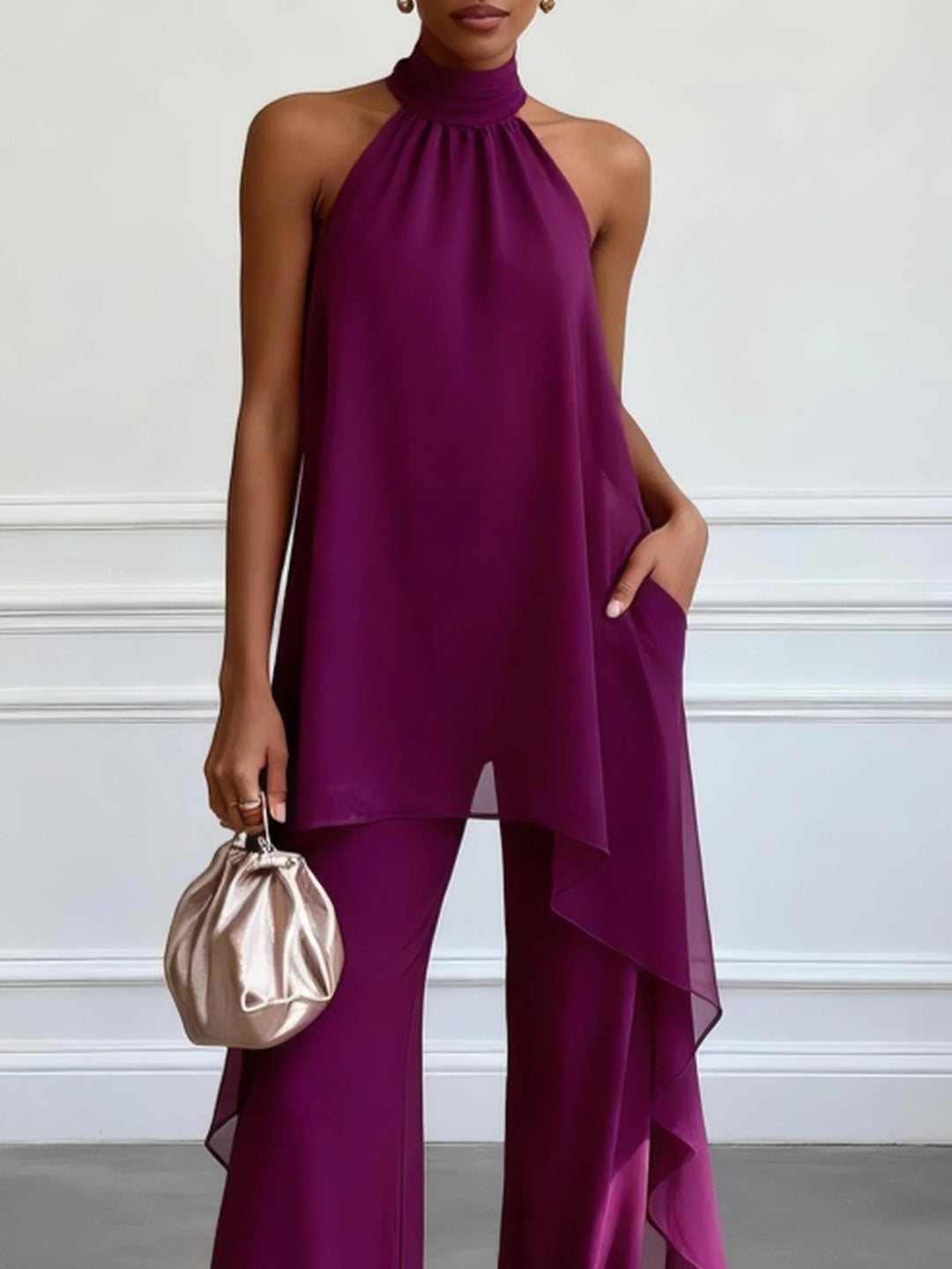 Orlise – Escote halter de punto traje de pantalón