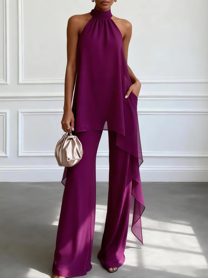 Orlise – Escote halter de punto traje de pantalón