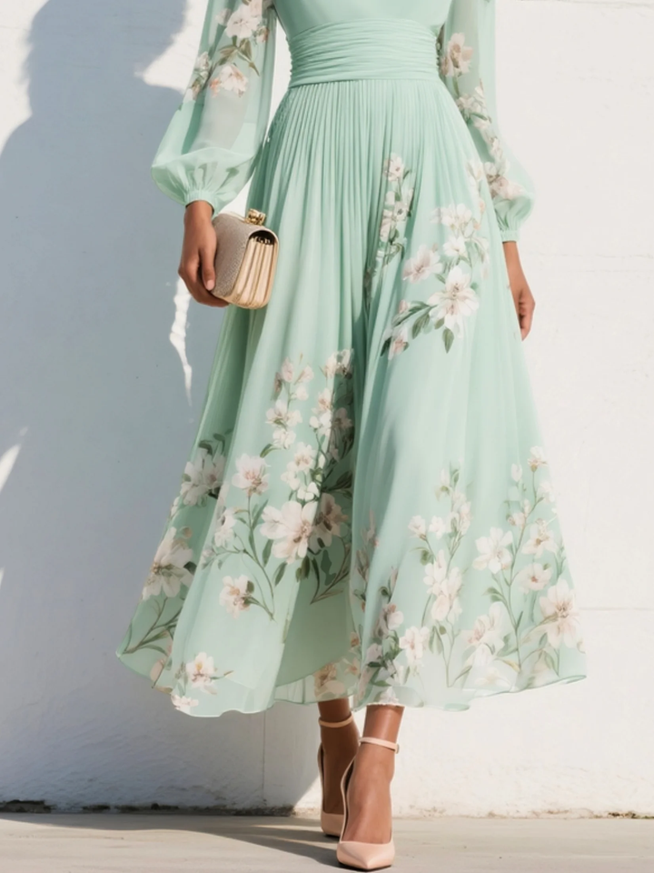 Nerise – Cintura definida, estampado floral, vestido midi
