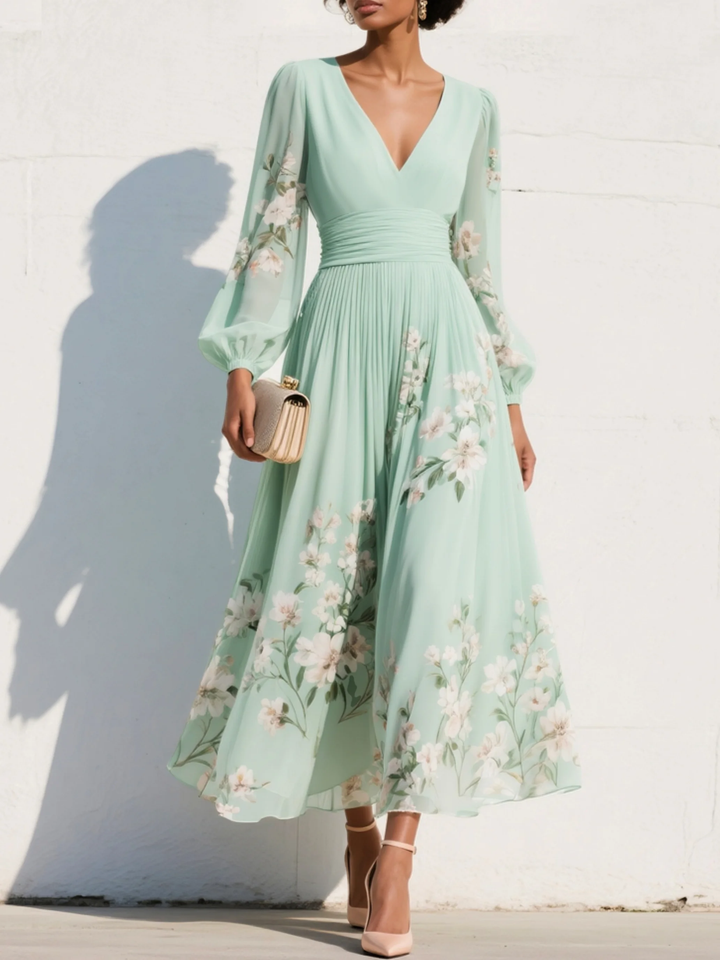 Nerise – Cintura definida, estampado floral, vestido midi
