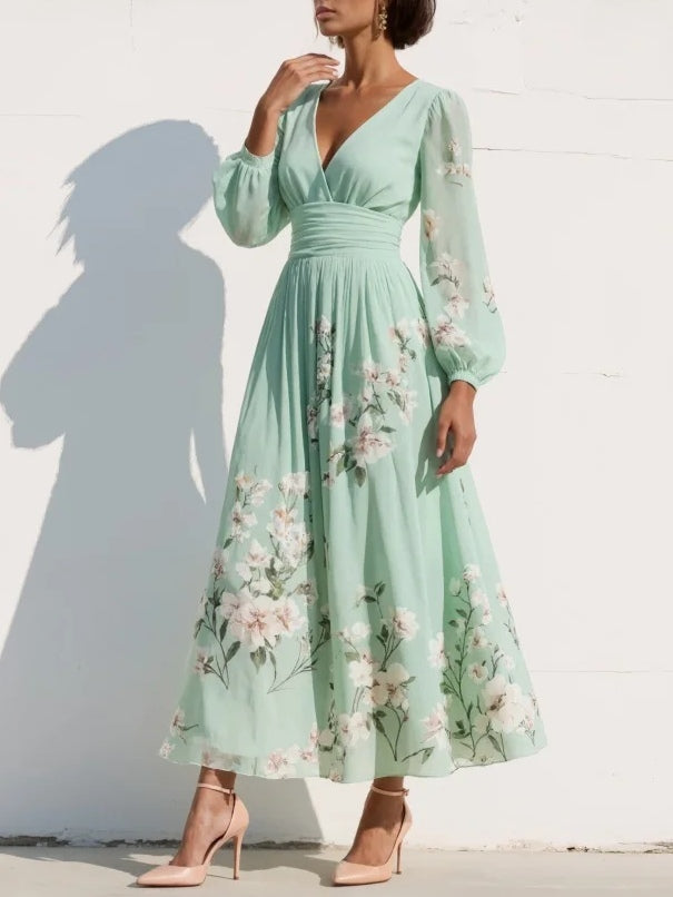 Nerise – Cintura definida, estampado floral, vestido midi