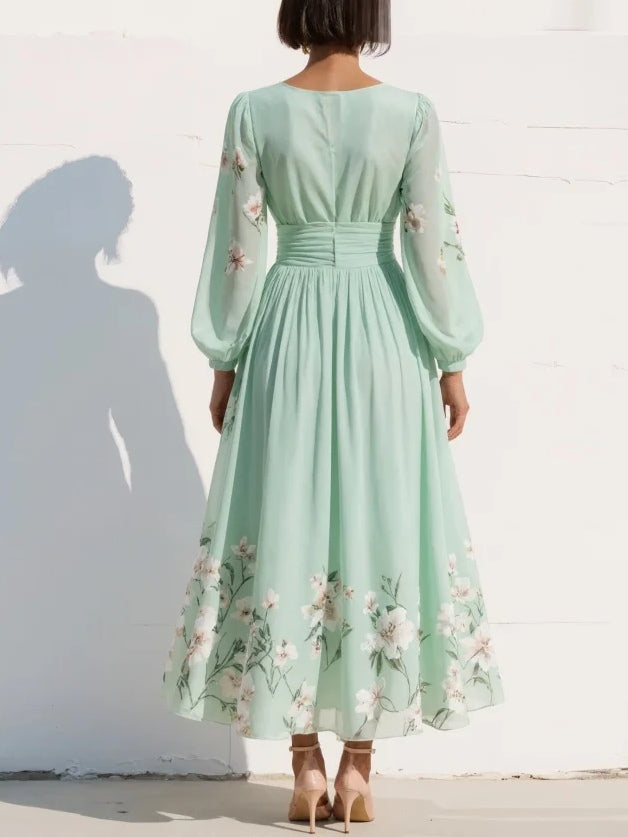 Nerise – Cintura definida, estampado floral, vestido midi