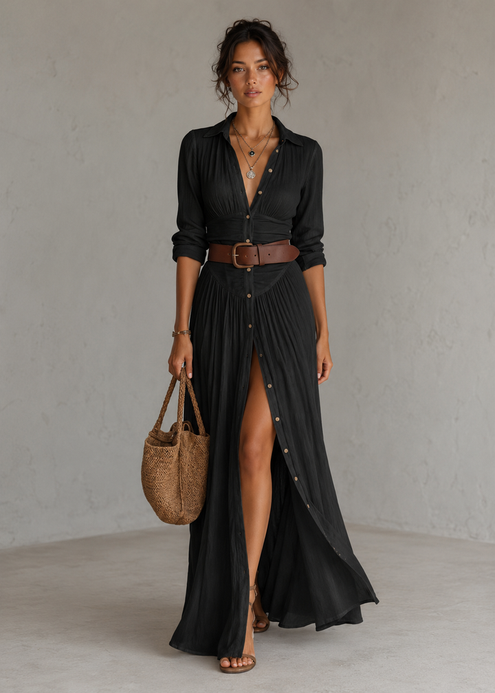 Mevara – Plisado de algodón-lino, vestido largo