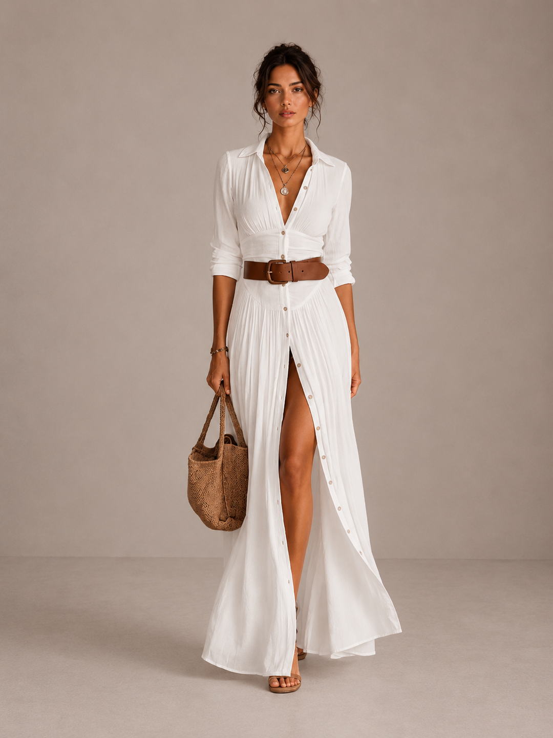 Mevara – Plisado de algodón-lino, vestido largo