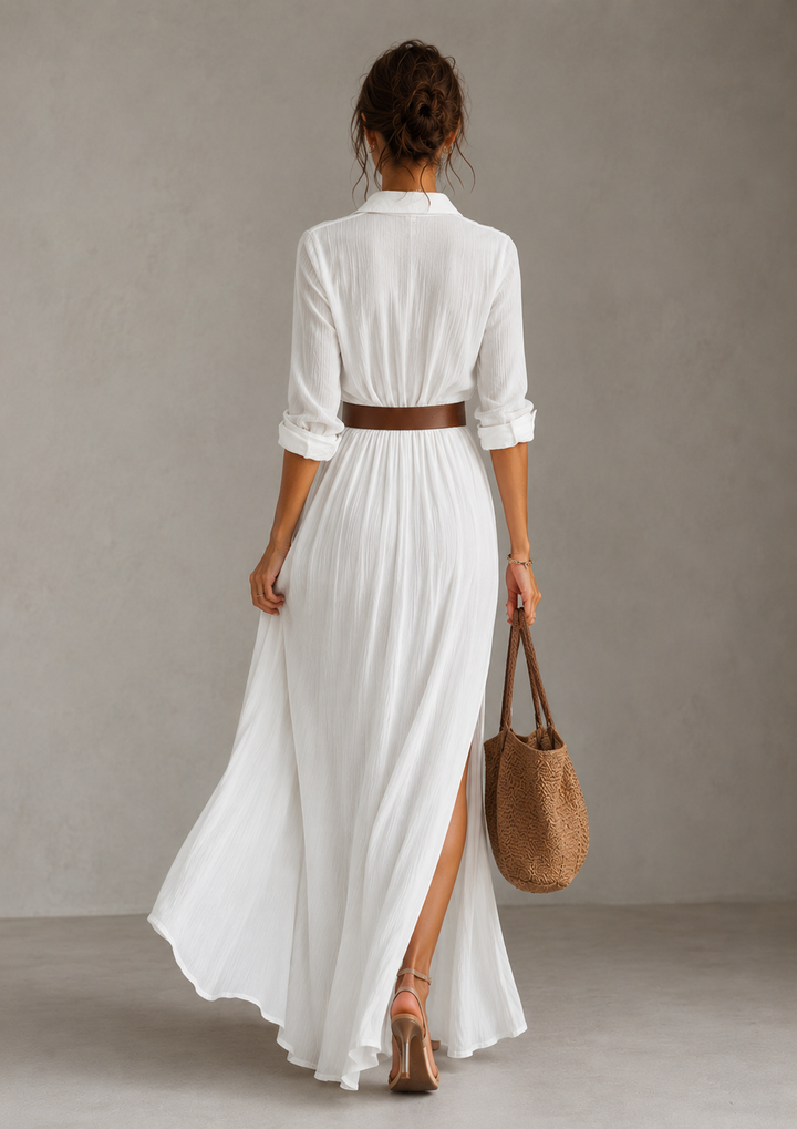 Mevara – Plisado de algodón-lino, vestido largo