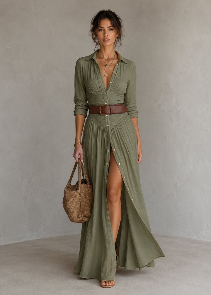 Mevara – Plisado de algodón-lino, vestido largo