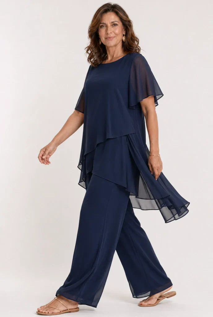 Sivela – Asimétrico de gasa conjunto con pantalón palazzo