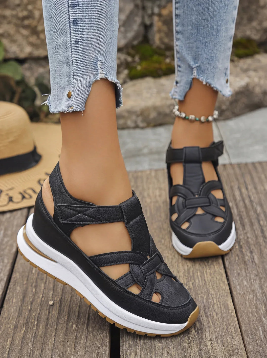 Orlise – De cuña con correa de velcro y suela de goma, sandalias